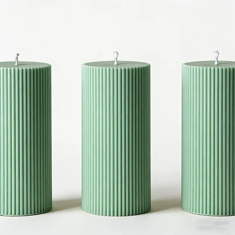 Green Ribbed Pillar Candles 3 Pack • Aesthetic Home Decor