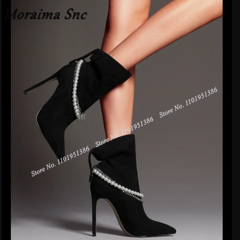 Moraima Snc Slip on Stivaletti con decorazioni di perle Khaki Decorazione a catena Scarpe a punta pieghettate per donna Tacchi alti Zapatillas Mujer