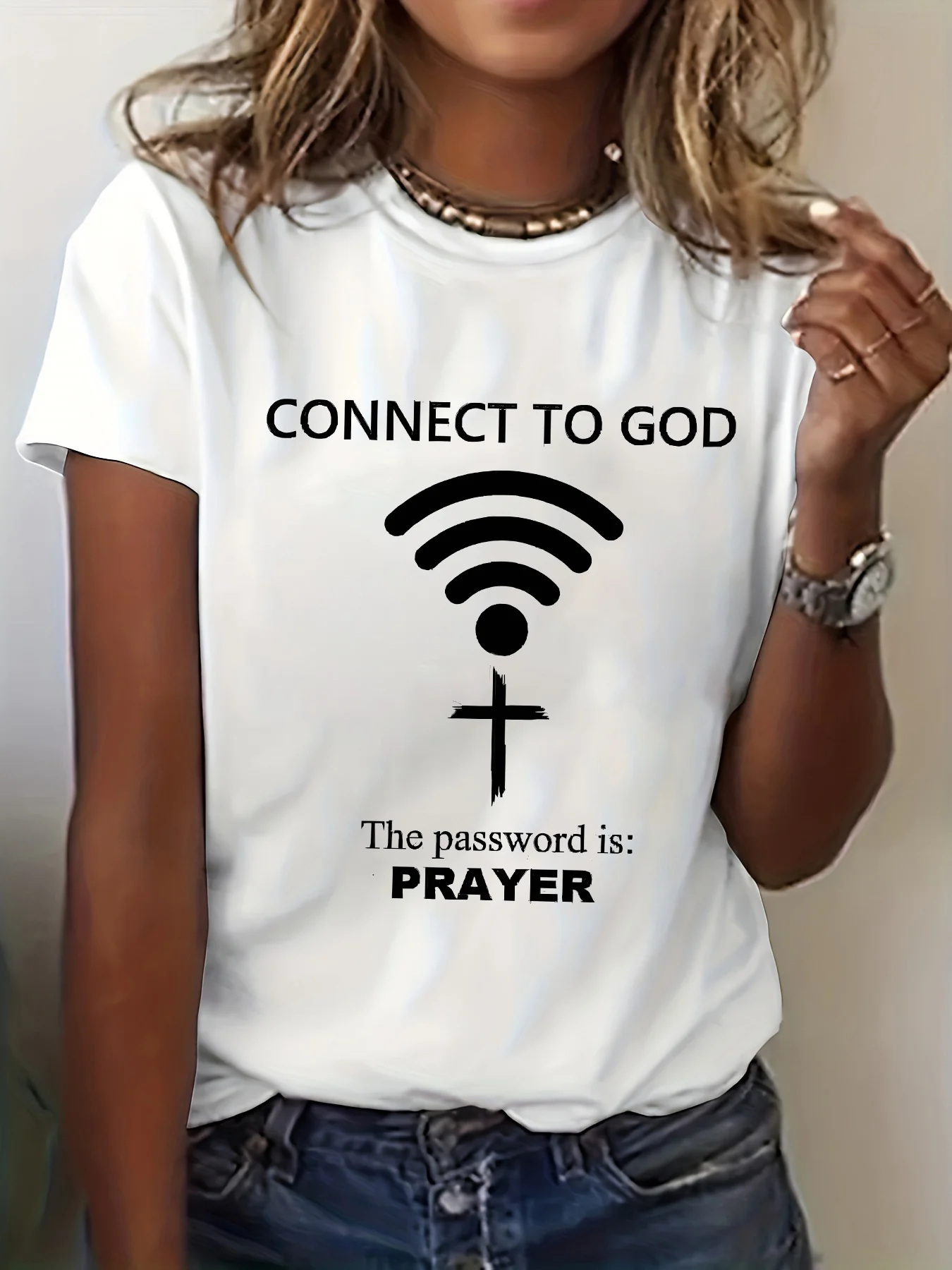 Women's Prayer T-Shirt Connect to God Jesus Funny Religious Letter Print Short Sleeve Crew Neck Top Fashion Kawaii Y2K Clothing