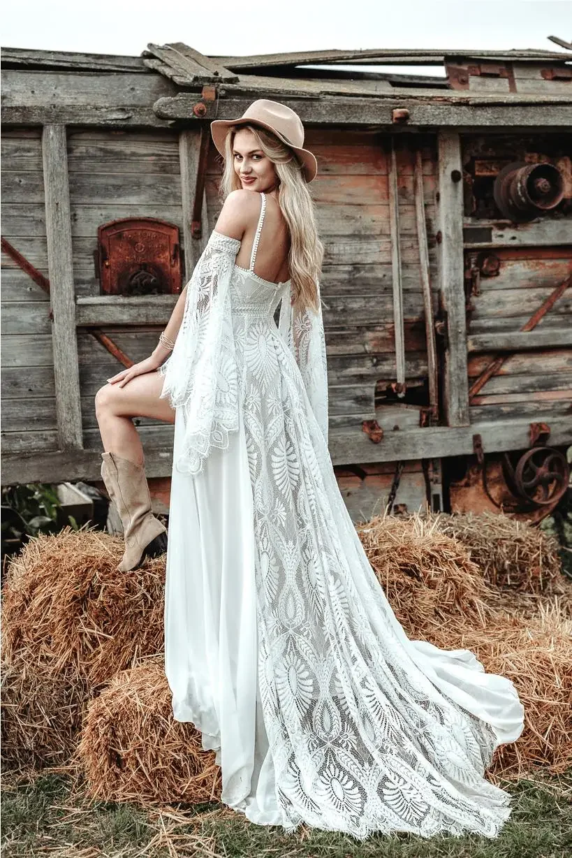 Maßgeschneidertes Hippie-Häkelspitzen-Hochzeitskleid mit Schlitz, sexy, rückenfrei, schickes ziviles böhmisches Brautkleid, Gatsby Elvish Bride