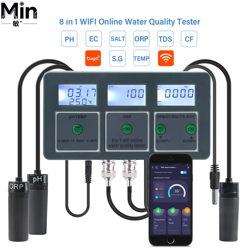 WiFi 8 in 1 Digital PH TEMP ORP PPM EC SALT S.G CF Online Water Quality Tester for Laboratory Pool Aquarium