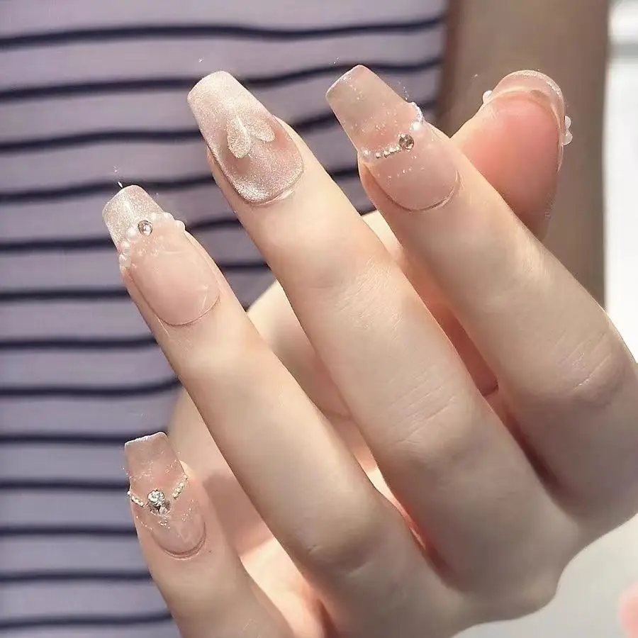 [Love Cat's Eye] Pure Handmade Summer Pure Wind Light Pearl Advanced Thousand Gold Wind Whitening Nail Art Wearing Fake Nails