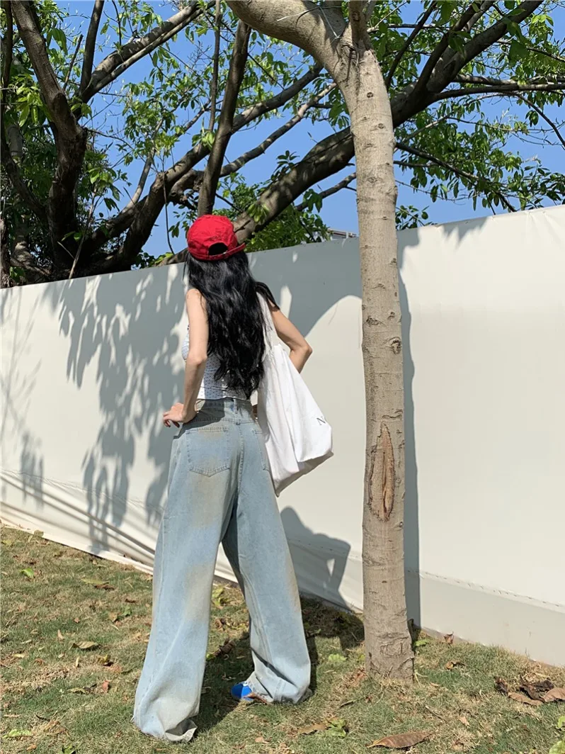 

Retro Blue Faded Rhinestone Denim Pants Women's Spring Lazy Loose Wide Leg Trousers High Waist Crt Proced Jeans