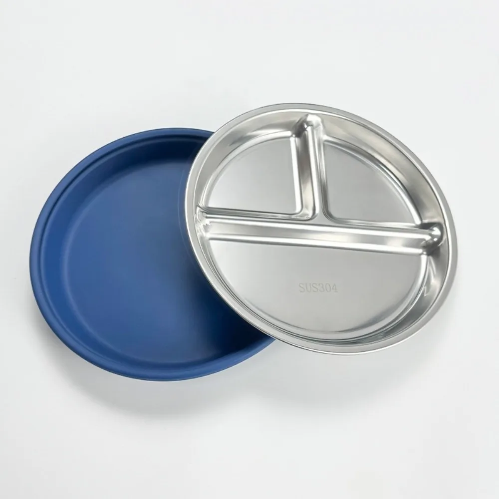

Divided Design Suction Cup Plates Silicone Shell 304 Stainless Steel Children 3 Grids Dishes Anti-fall Non-Slip