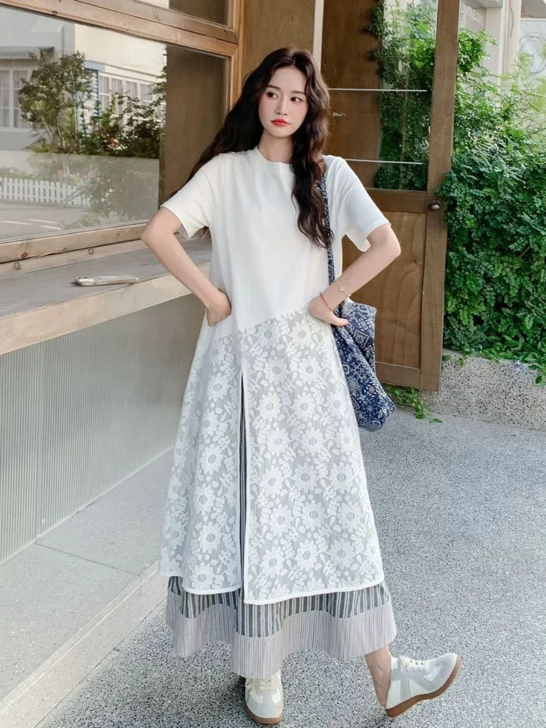 Summer Large Size 300 Pounds Long Lace Hem Splice Short Sleeve T-Shirt Korean Style Commute Fashion Casual Daily Wear