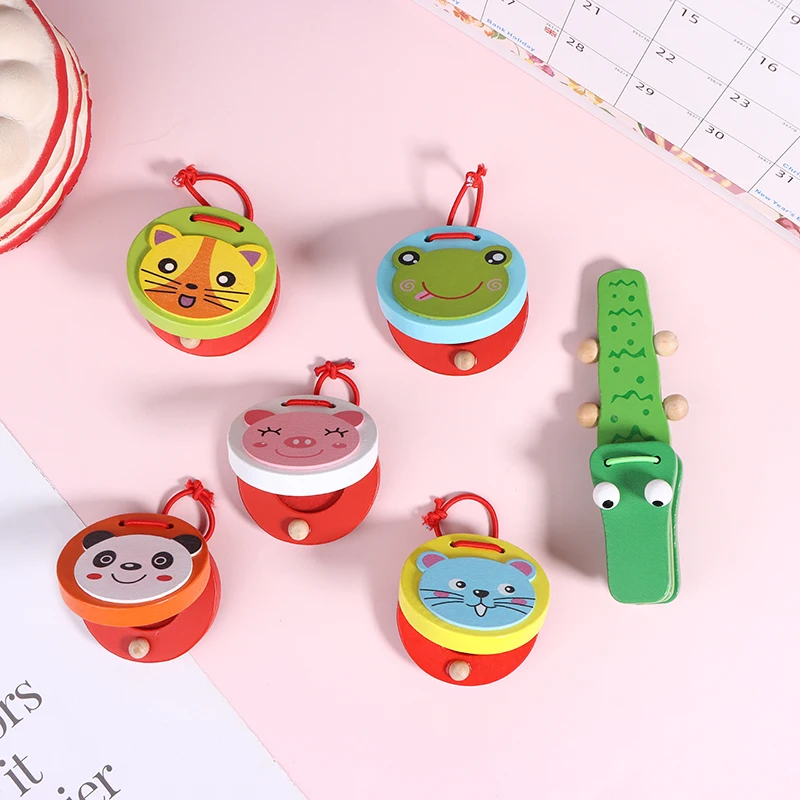 【Beautiful】1Pc Kids Cartoon Wooden Crocodile/Round Castanets Music Instruments Baby Clapper Handle Musical Instruments