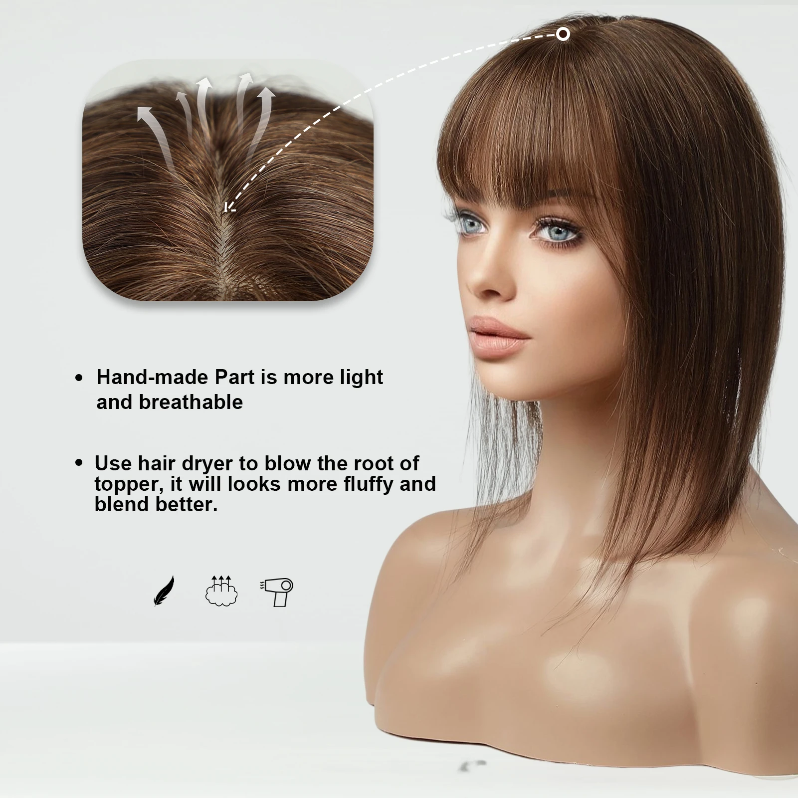 100% Remy Human Hair Toppers with Bangs Hairpieces Clips in Hair Chocolate Brown 14 Inches Silk Base Topper Hair for Women Daily