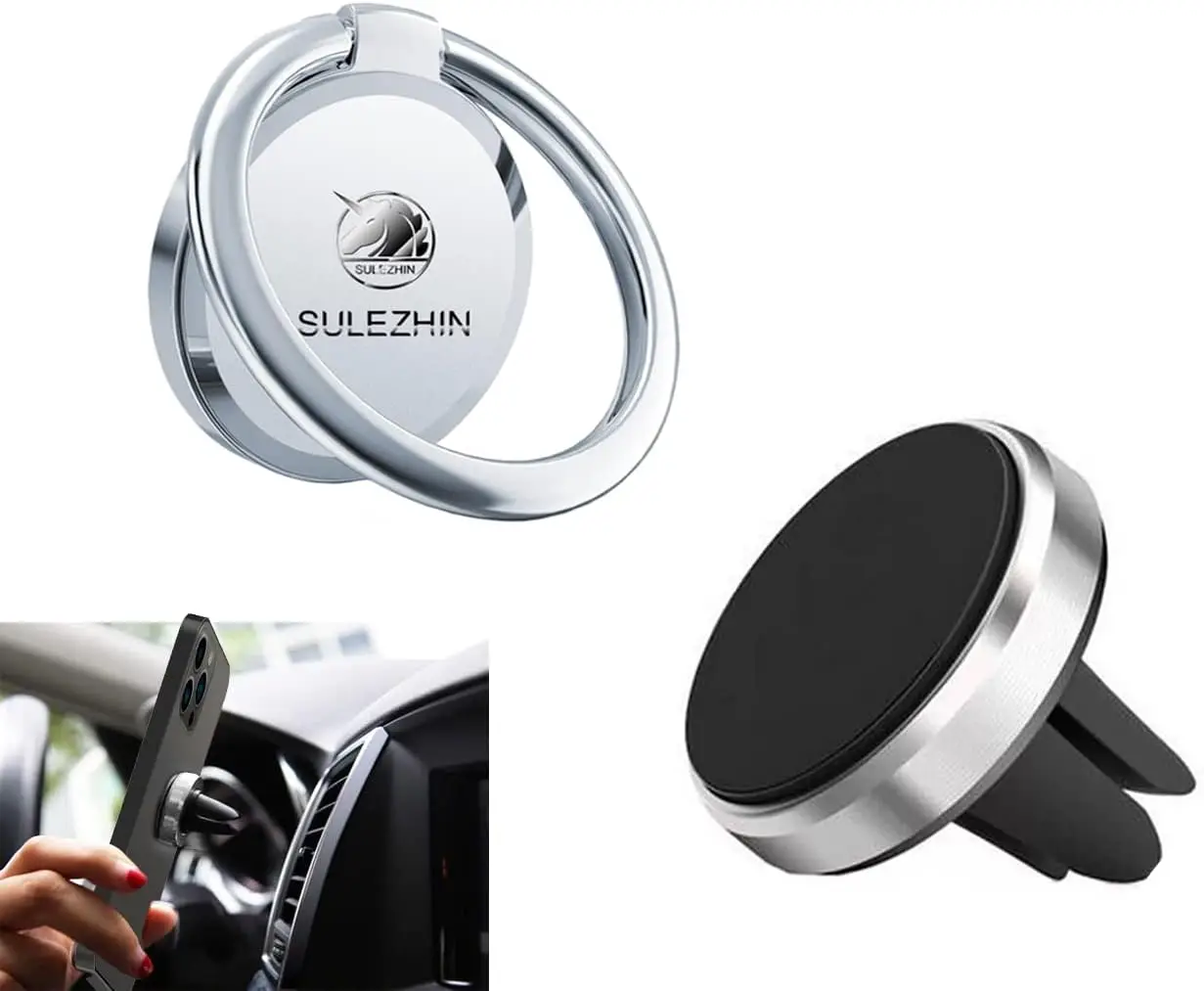 

SULEZHIN Phone Ring Holder for Hand, 360° Rotation Metal Phone Grip, Magnetic Phone Car Mount Holder, Compatible with iPhone 11