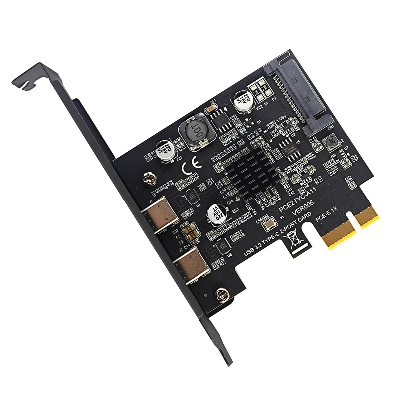 2Port TYPE-C PCIE Card PCI Express 3.0 X1 to Dual USB-C Expansion Card SATA Power USB3.2 Gen2 10Gbps ASM3142 Chip for Desktop PC