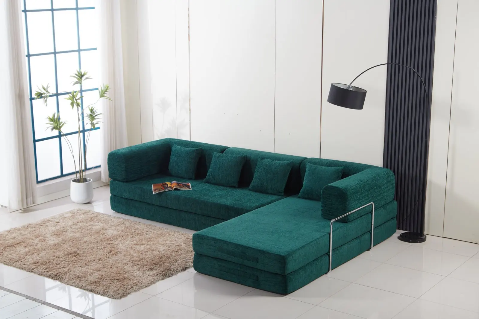 Noble Green Nordic Style L-Shaped Sofa Set Convertible and Upholstered Home Furniture Compression Living Room Furniture