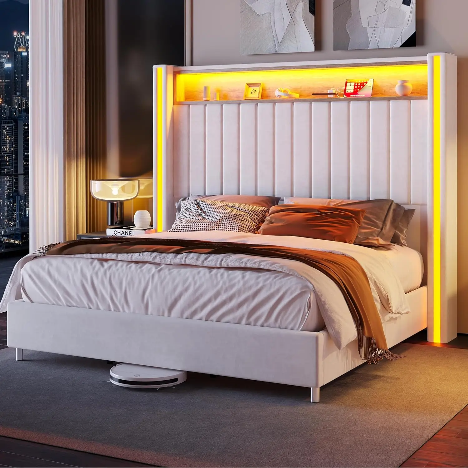 

King Platform Bed Frame with LED Lights, USB Charging Ports, Tall Velvet Headboard with Wingback Storage, No Box Sprin