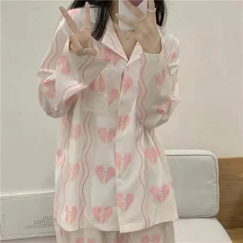 

Women's Clothing Korean Version Pajamas Thin Version Dormitory Homewear Suit Long Sleeves Pants Lapel Suit Wearable As Outerwear