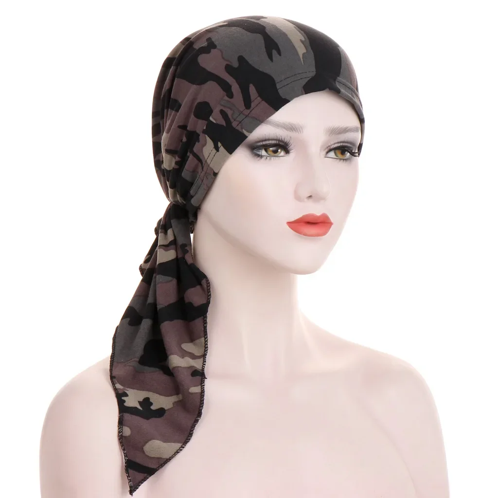 New Women Printed Pre-Tied Turban Cap Muslim Hijab Inner Caps Hair Loss Cover Beanies Bonnet Long Tail Headscarf Strech Bandana