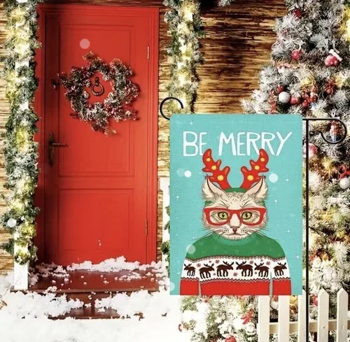 Be Merry Garden Flag Hipster Cat Double Sided Xmas Kitty House Winter Flag 12x18 HHZ UUV HHM WZZ yyi