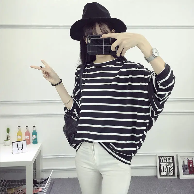 Street Casual Striped Loose T Shirts Spring New O-Neck Long Sleeve Plus Size Youth Office Tops Vintage Casual Women Clothing