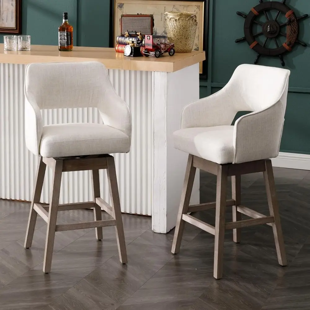 

Комплект из 2 льняных тканевых барных стульев на поворотном основании, высота 27 дюймов, с высокой спинкой, обитые тканью, из массива дерева, для кухонного острова или бара