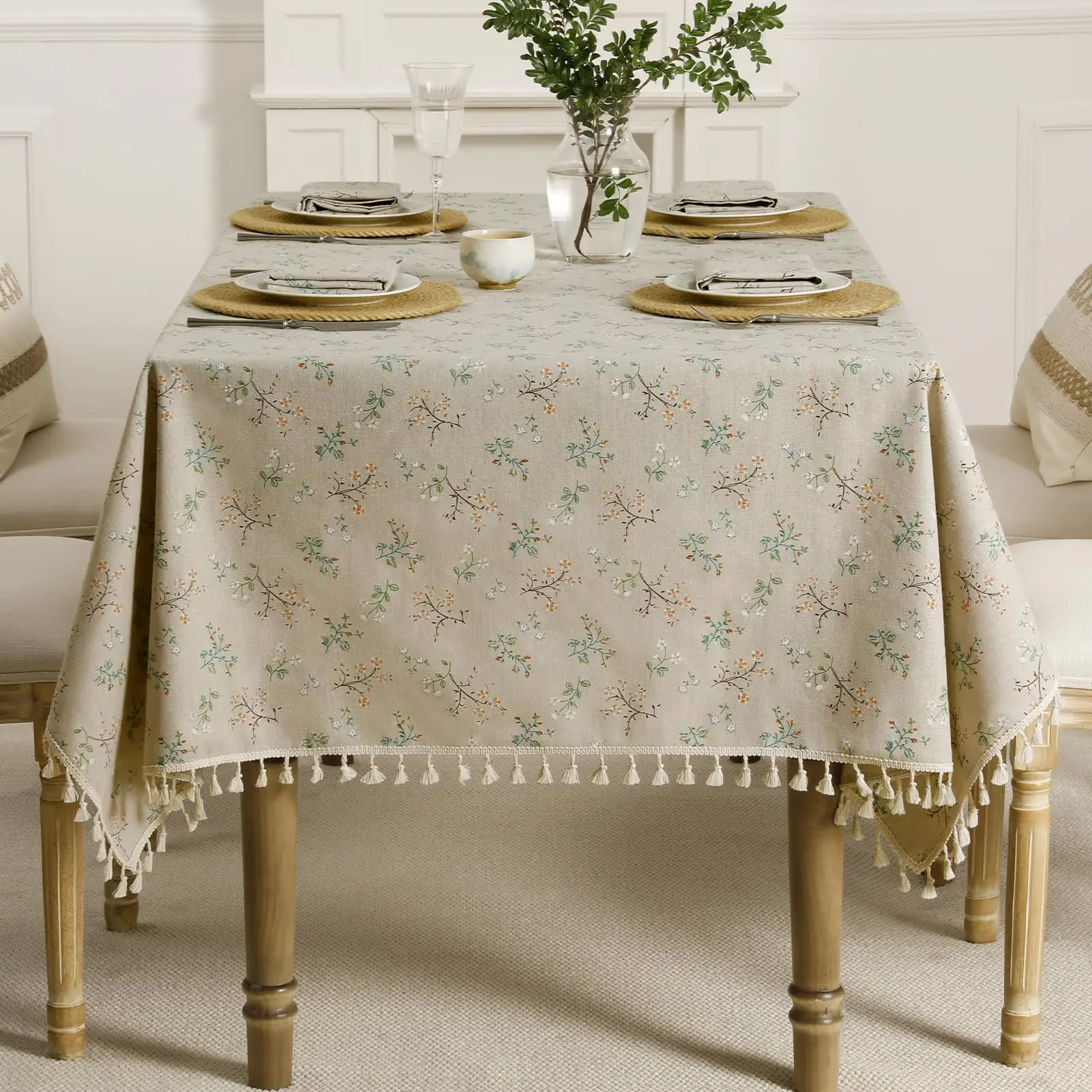 

Vintage Floral Tablecloth, Pastoral Rectangle Cotton Linen Table Cloth,Dust-Proof Farmhouse Table Cover for Kitchen Dining Decor