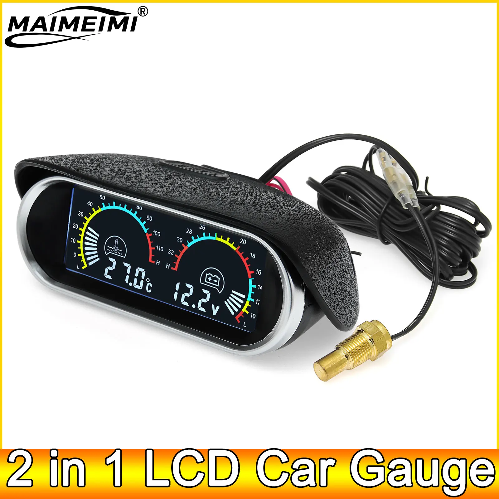 AD 2 in 1 LCD Car Water Temp Gauge + Water Temperature Sensor 10mm Meter Voltmeter Voltage Digital Horizontal 12v Accessories