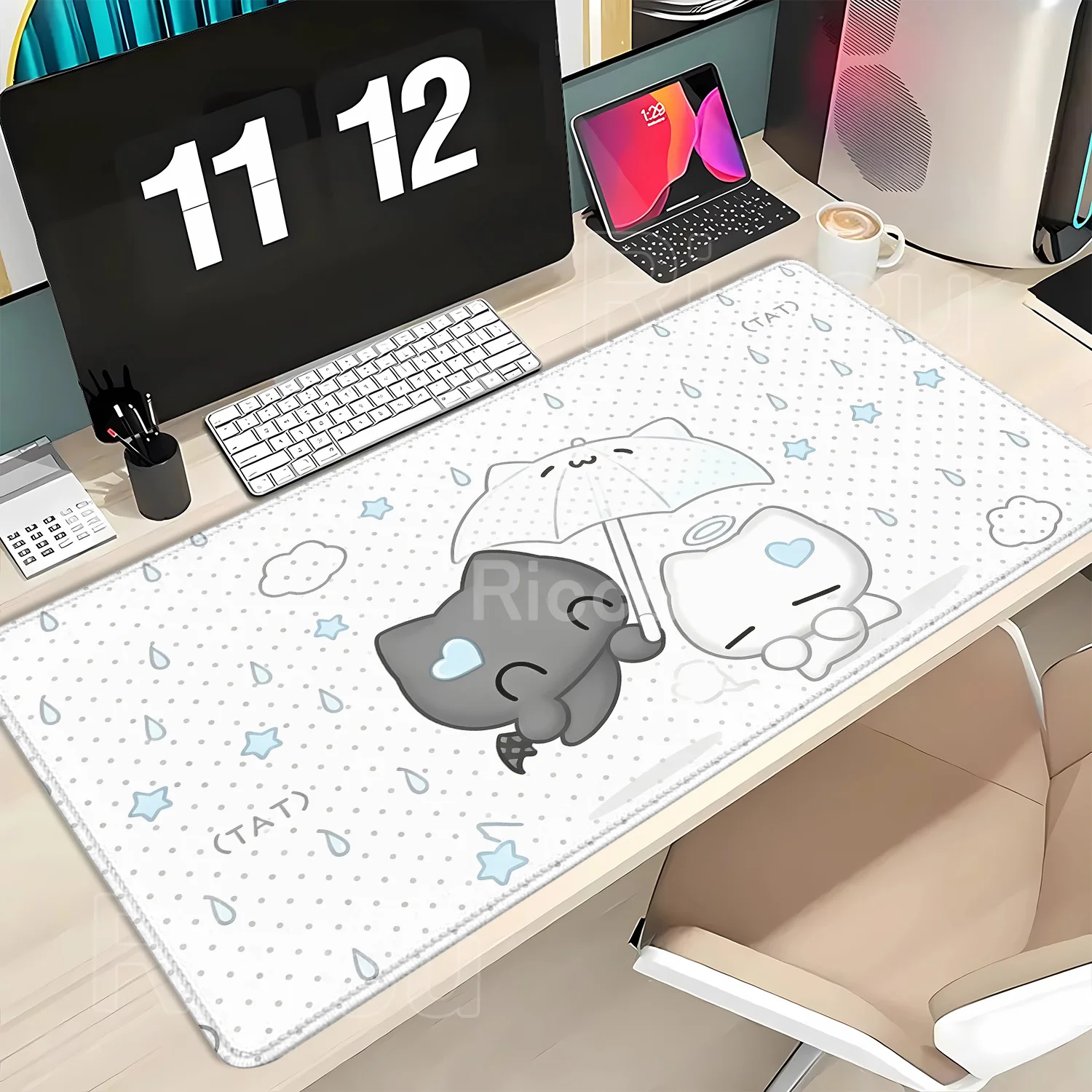 Desk Pad Protector Anime Japanese Angel Cat INS Mouse Pad Office Desk Mat Polka Dots Non-Slip Gaming Desk Office Accessories