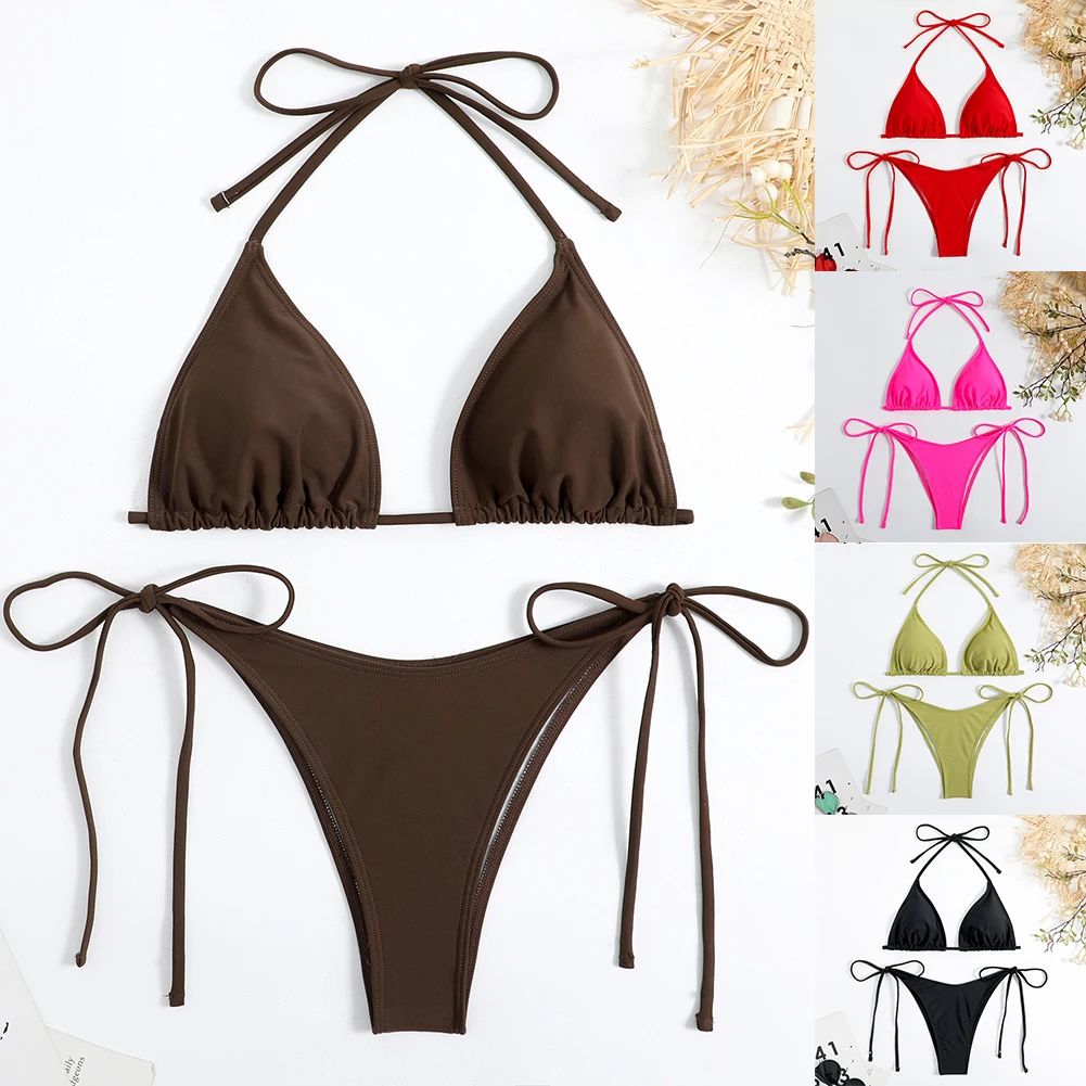 Set di lingerie sexy da donna perizoma perizoma bikini tinta unita reggiseni sexy outfit halter cravatta costume da bagno costumi da bagno donna abbigliamento