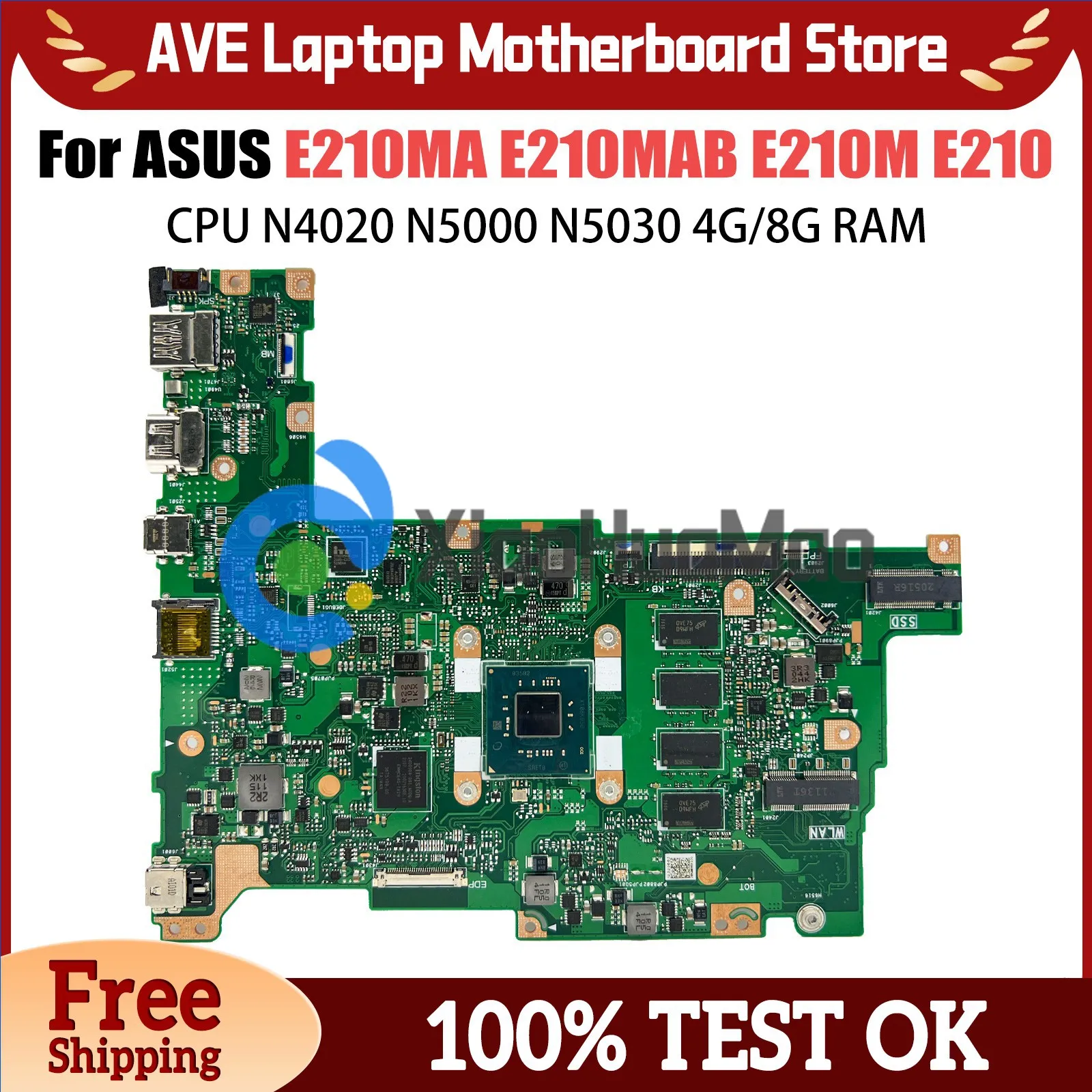 Computer Mainboard For ASUS Vivobook 12 E210MA E210MAB E210M Laptop Motherboard CPU N4020 N5000 N5030 4G 8G RAM 64G 128G SSD