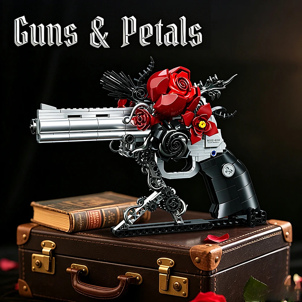 Image of Fantasy Rose Revolver Modellbausatz Kreative Bausteine Pistolen-Bausatz Spielzeug Schreibtisch Exquisites Ornament Sammlerstück Geschenk