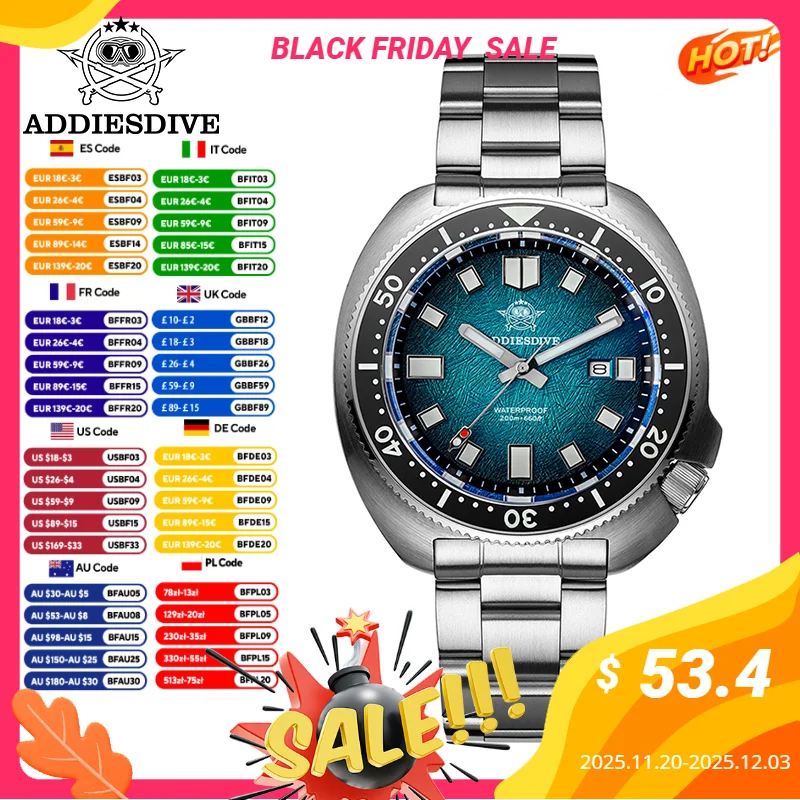 Relojes de cuarzo ADDIESDIVE para hombre con cristal de zafiro Japón 2115 BGW9 reloj de lujo superluminoso 200M reloj de buceo resistente al agua AD2511