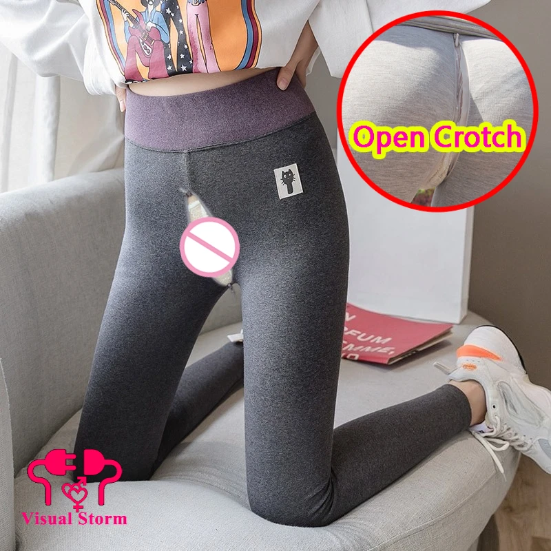 Winter Women Open Crotch Leggings Hidden Zipper Sexy Thicken Gray Outdoor Wear Couple Play Easy Crotchless Girl Skinny Hot Pants