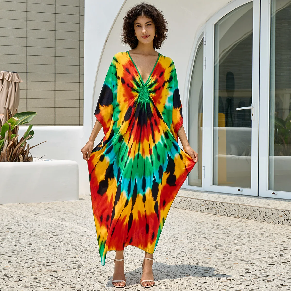 2024 Cozy Plus Size maglia a mano con scollo a V manica a pipistrello caftano con spacco laterale abbigliamento estivo donna Boho Beachwear costume da bagno Cover Up