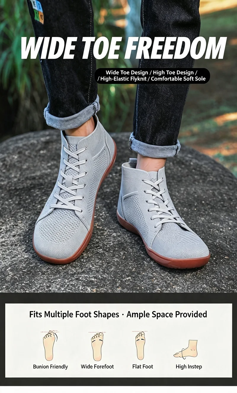 Mid-Top-Barfußschuhe für Männer und Frauen, breiter Zehenbereich, minimalistische Sneaker, atmungsaktiver Strick, Zero Drop, breiter Schnitt, lässige Walkingschuhe – Detail 4