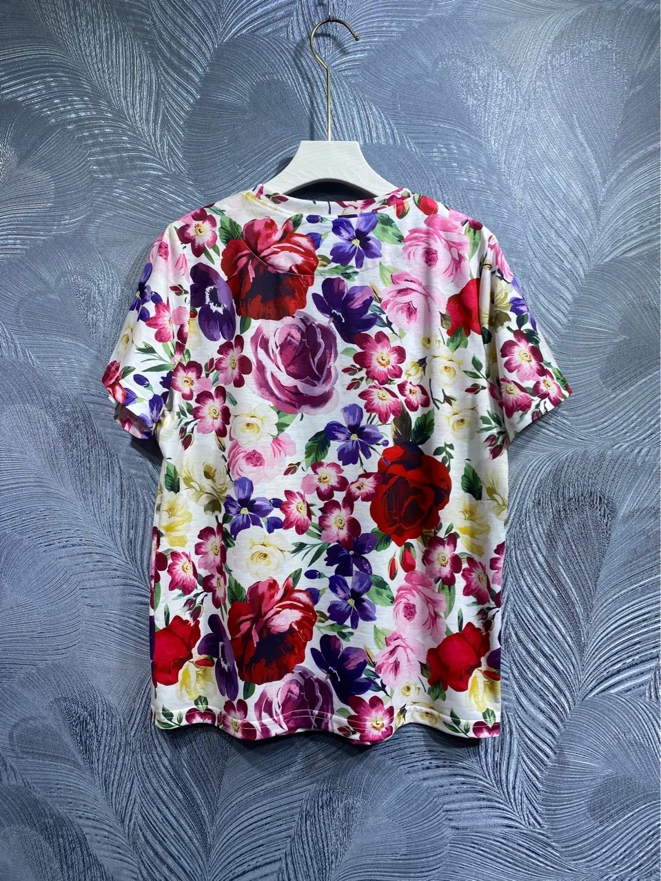 2023 Summer Fashion Women's High Quality Floral Print Beading T-shirt Tee Tops B583