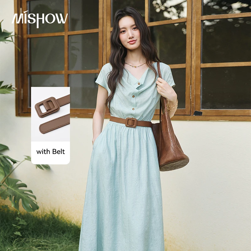 MISHOW Women's Light Blue Vintage Midi Dress Summer Draped V Neck Short Sleeve Waist Belt Loose Vacation Long Dress MXF20L2771