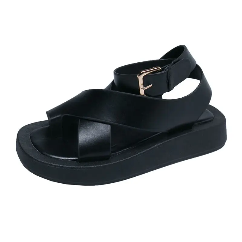 Casual Buckle Strap Women Sandals PU Leather Women Shoes 2023, Summer Clip Toe Sandals Fashion Roman Shoes Black Muffin Sandals