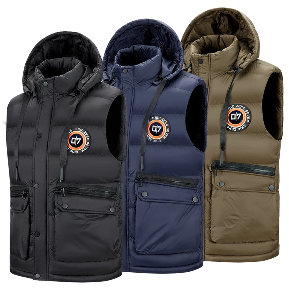 

2025 New Men's Plus Size down Cotton Vest with Removable Hood, Thickened Multi-Pocket Winter Jacket Versatile