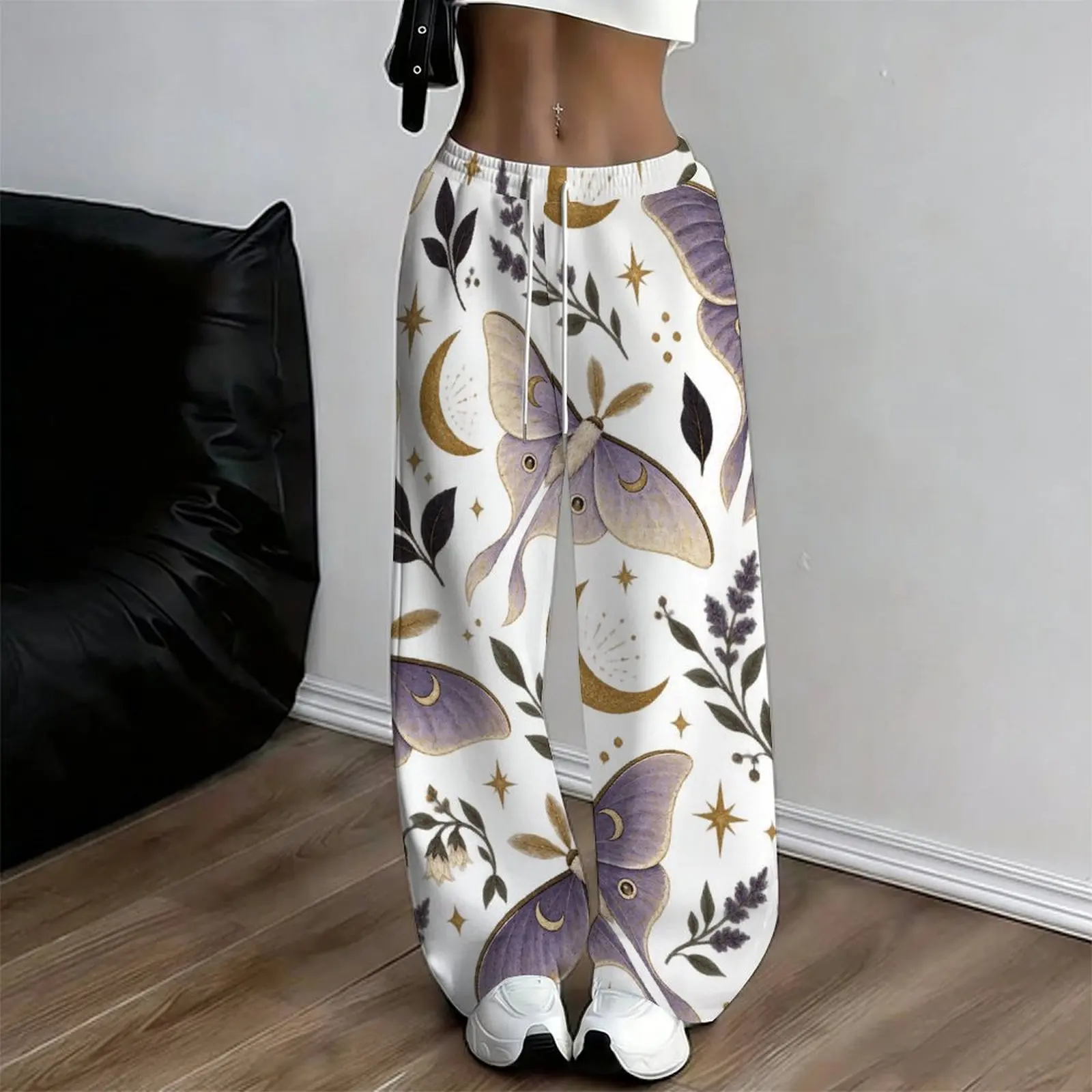 Women Off White Purple Moth Golden Moon Star Botanical Printed Loose Straight Leg Drawstring Full Length Pants