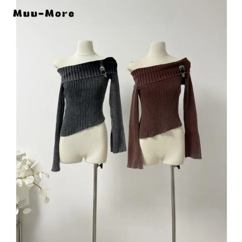 2023 Winter Hotsweet Casual Square Collar Knitting Long Sleeve Pullovers Women Solid Color Sheath Belted Design Sexy Sweater