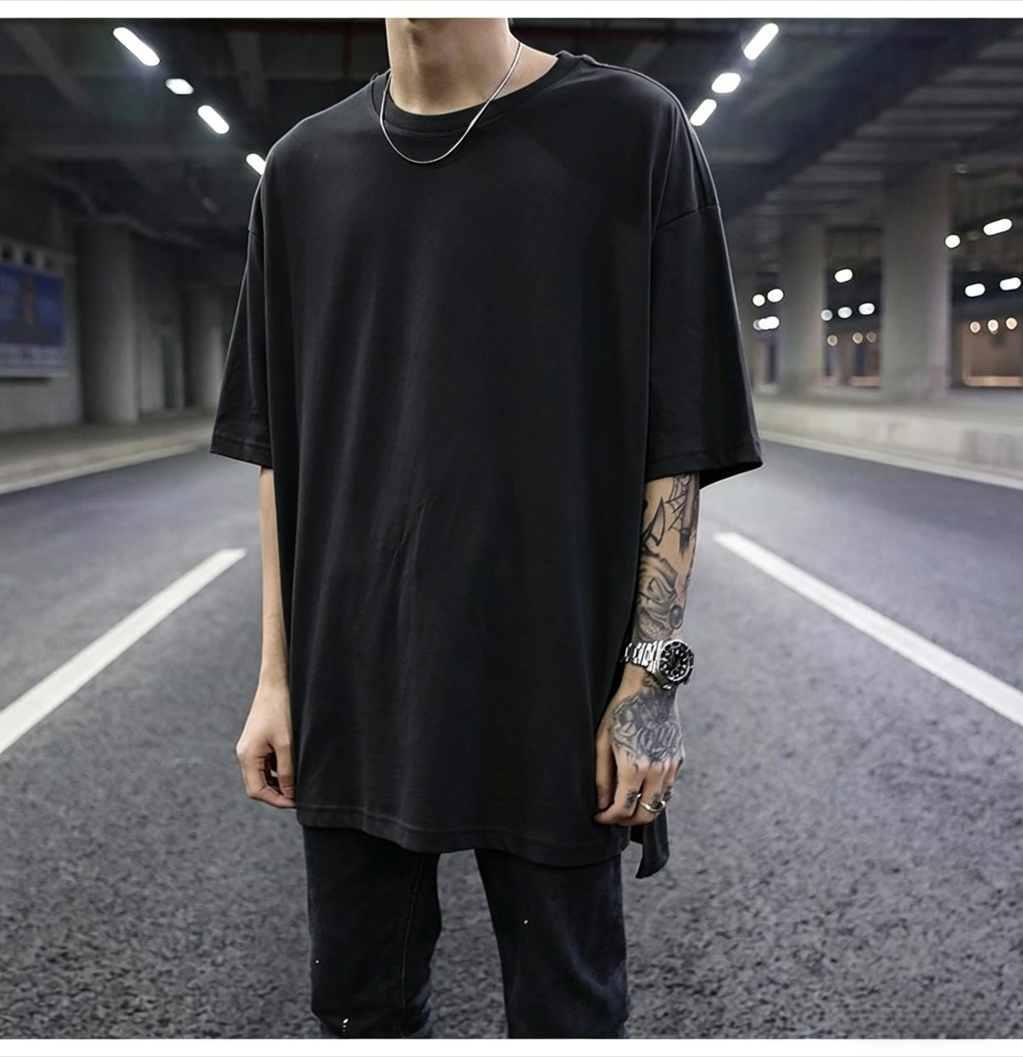 High Street Front Short Back Long Men T-shirt Split Base Hip-hop Culture Loose Solid Color Large Size Half Sleeved Men's T-shirt