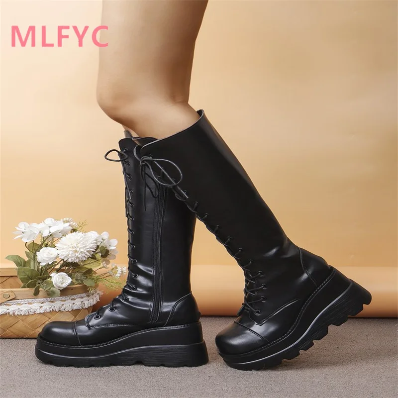 Botas longas com alças elásticas para mulheres, finas, altas, sola grossa, decote em v, botas de cavaleiro, grandes, Plus Fat, outono, inverno, novo