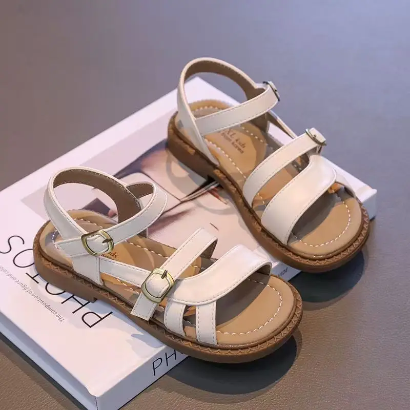 

Girl's Open Toe Flat Sole Hollow Out Leather Beach Sandals Summer New Soft Sole Non Slip Breathable Velcro Princess Sandals