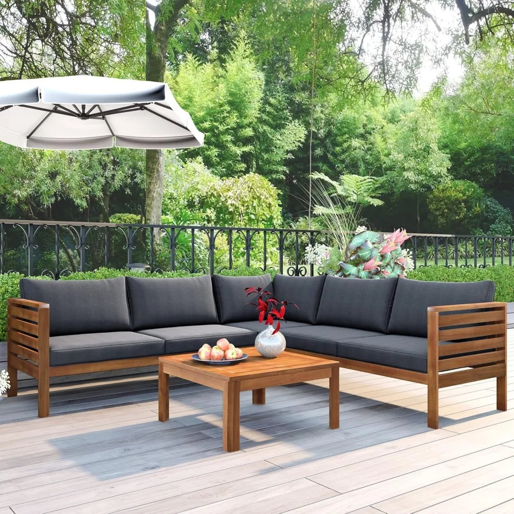 4 Piece Outdoor Patio Furniture Set, Acacia Wood Sectional Sofa wSeat Cushions, Patio Sectional Conversation Seat with Couches a