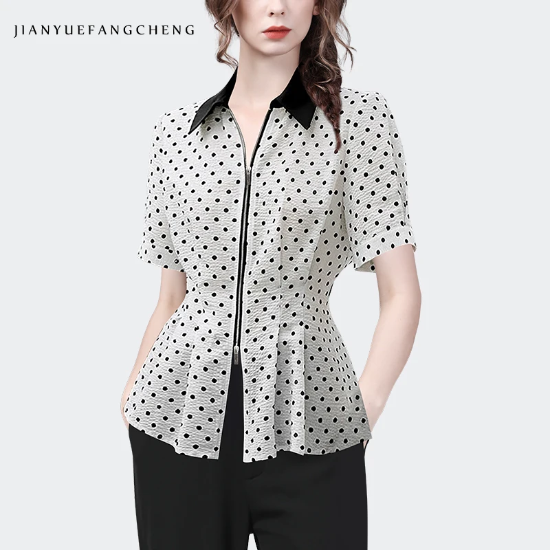 2024 Summer Short-sleeved Polka Dot Shirt Blouse Women\'s Thin waist two-way zipper bottoming shirts lightweight Female Tops