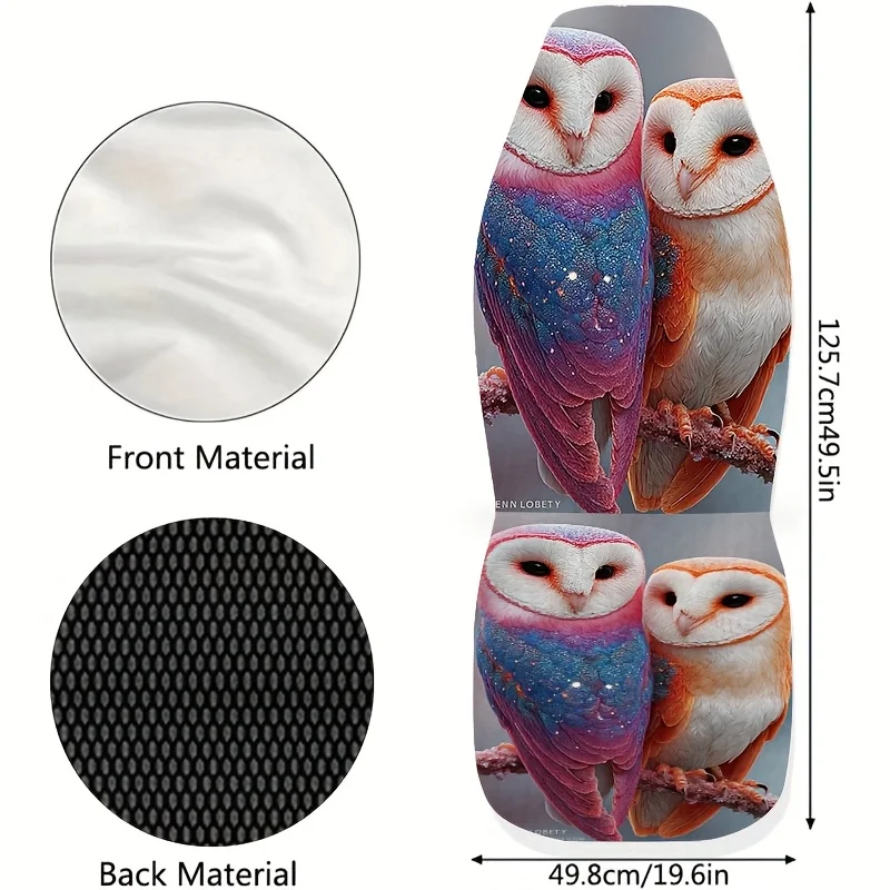Two Colorful Feather Owl Print Car Seat Covers, Easy To Clean, Unisex Front Seat Protectors For Cars, Stylish Automotive Additio