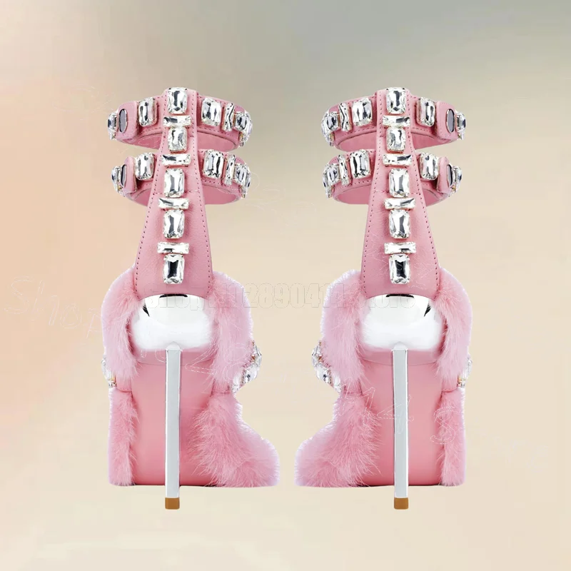 Sandali con tacco in metallo con design in pelliccia rosa e cinturino con bottoni Scarpe da donna Tacchi alti sottili Open Toe New Party 2025 Zapatos Para Mujere