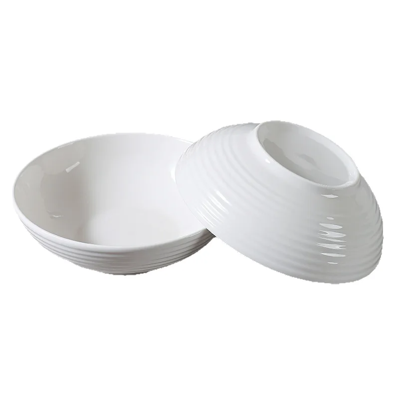4 Pack 7 Inch Pure White Round Ribbed Ceramic Bowls,Underglaze Minimalist Large Bowls,Microwave Dishwasher Safe for Beef Noodles