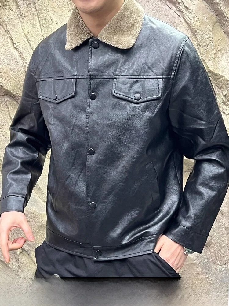 

American Style Soft Washed PU Leather Thickened Winter Jacket Men's Retro Casual Fleece Lined Warm Motorcycle Jacket Coat
