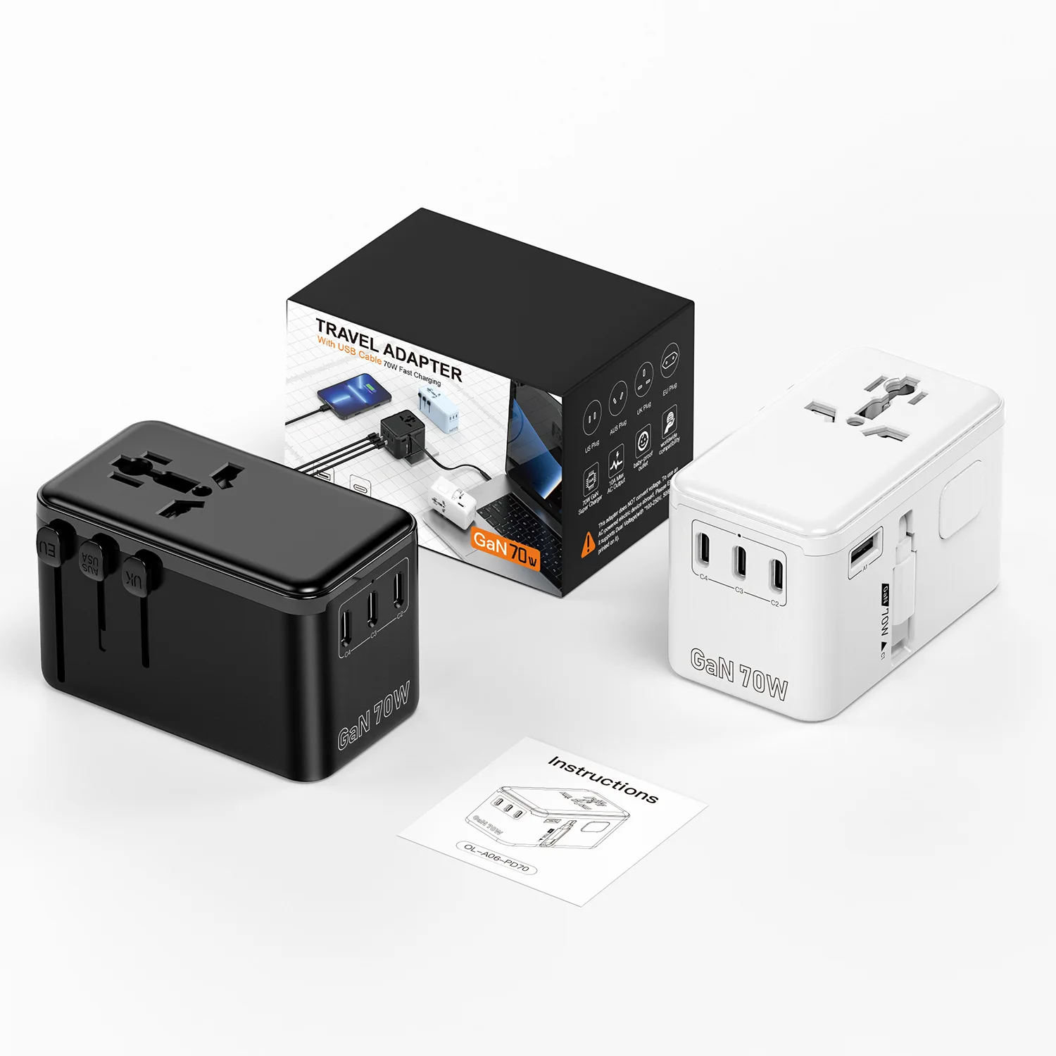 Suitable for Cross-border new product 70W telescopic cable gallium nitride fast charging European standard American standard glo