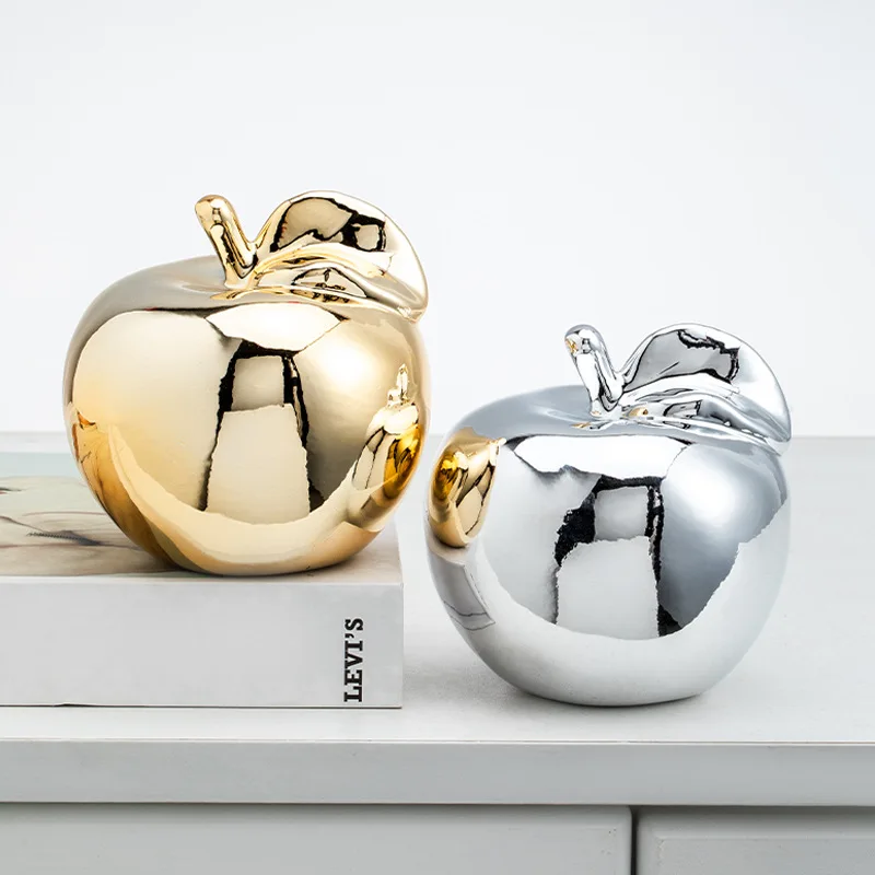 

8cm Nordic Creative Ceramic Apple Crafts Modern Home Ornament Christmas Gift Home Office Decor Silver Gold Apple Ornaments