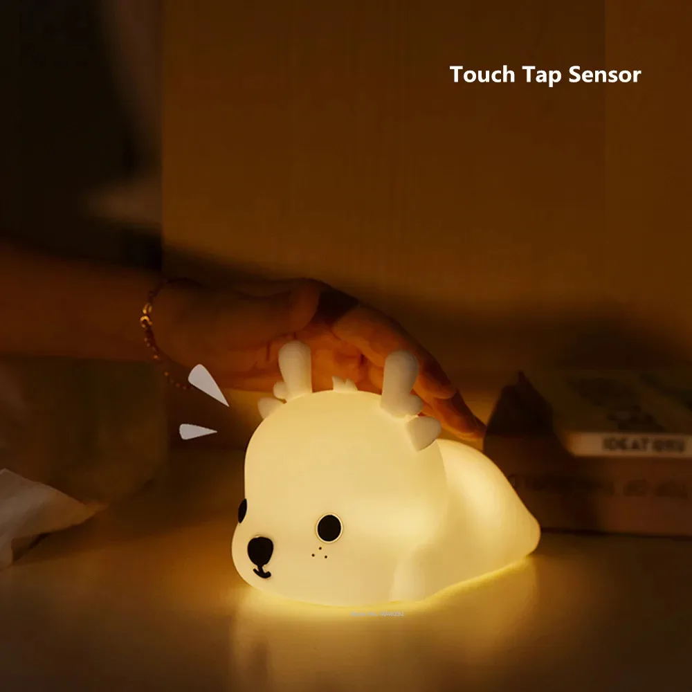 Cartoon Deer LED Night Light Silicone Lights USB Rechargeable Touch Night Lamp Bedroom Timing Lamp Decoration Children\'s Gift