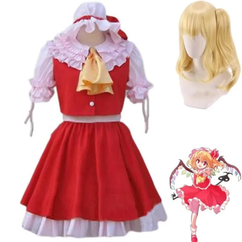 Anime jogo touhou projeto flandre scarlet cosplay traje peruca vermelho princesa saia lolita mulher sexy kawaii festa de aniversário terno xc