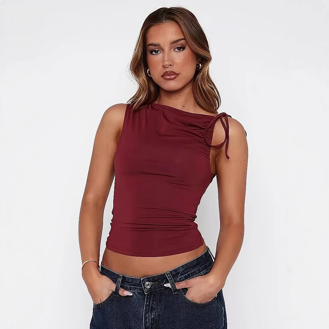 Women's Y2K Asymmetrical Drawstring Vest Tops Summer Sleeveless Ruched Blouses Tee